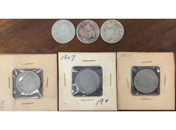 Lot Of Six V Nickels In Circulated Condition. Various Dates - 1907 (2), 1899, 1906, 1884. One Date Illegible.