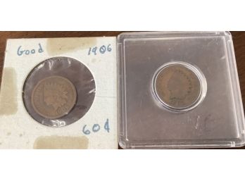 Lot Of 2 Indian Head Pennies. Circulated Condition. 1906 And 1892