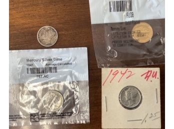 Lot Of 4 Menrcury Dimes One Of Which Is Gold-plated. Years: 1919, 1934, 1941, 1942