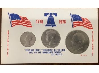 Set Of Three Bicentennial Coins. Eisenhower Dollar, Kennedy Half Dollar, Washington Quarter.