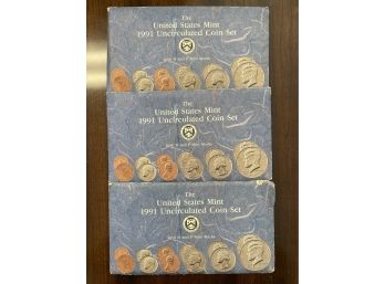 Three Uncirculated - Mint Struck Coin Sets 1991.  One Denver Mint & Two Philadelphia Mint Sets