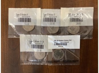 Lot Of 5 Coins. 4 Susan B. Anthony Dollars And 1 State Quarter. All Uncirculated. Sealed In Retailers Package.