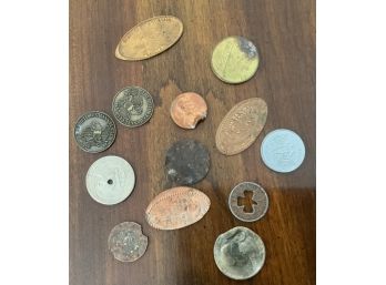 Lot Of 13 Novelty Tokens And Altered Coins Including 3 Amusement Machine Flattened Pennies