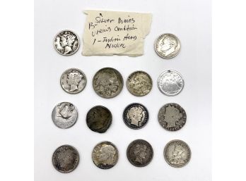 Very Rare - Vintage Various Condition - Lot Of 13 Silver Dimes & 1 Indian Head Nickel