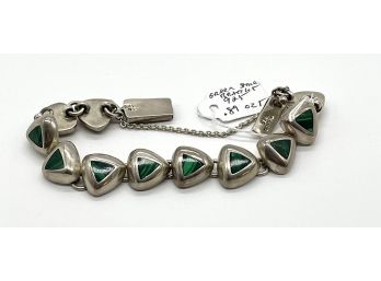 Vintage 7.5 Inch Mexican MOD Design Sterling Bracelet Accented With Green Malachite Stones - Marked Mexico 925