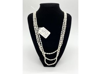 3 Strand 24 Inch - Small Authentic Fresh Water Pearl Necklace W/ Silver Clasp