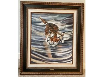 Original Oil On Canvas - Swimming Tiger - By Charlene Mitchell