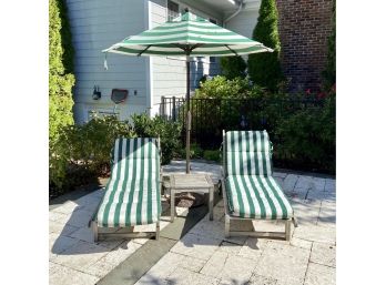 Two Scancom Teak Lounge Chairs, Side Table And Frontgate Umbrella With Stand