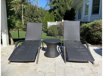 Two Frontgate Outdoor Wicker Lounge Chairs And Side Table