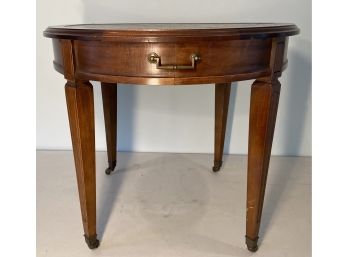 Round Wood End Table With Leather Inset Blotter