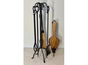 Heavy Wrought Iron Fireplace Tools With Stand And Wood Bellows