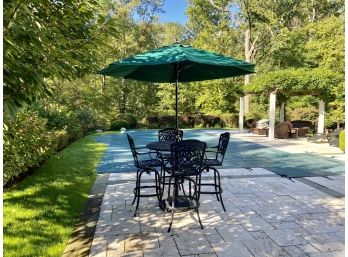 Hanamint Milano Deck Set Tall Pedestal Table With Four Counter Height Stools And A Sunbrella Umbrella