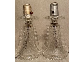 Vintage Pair Of Deco Boudoir Dresser Vanity Lamps Pressed Glass Starburst Bobeche