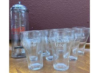 Coke Coca Cola Soda Fountain Set Of Drinking Glasses & Straw Dispenser