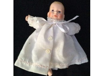 BISQUE BABY DOLL Vintage, 4.5', Handpainted, White Christening Gown With Pink Stitching