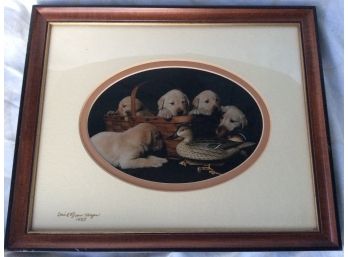 Vintage 1985 FRAMED PUPPIES & DUCK DECOY PHOTOGRAPH, Signed Twice, David & Joan Hagan, Hunting, Yellow Lab Dog