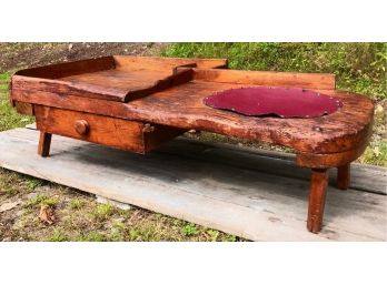 COBBLER'S (SHOEMAKER'S) BENCH: Primitive, Antique, Country Wooden Furniture, Table, Naugahyde Replaced Seat