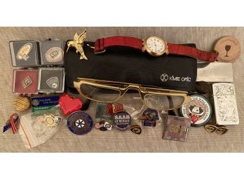 Interesting Junk Drawer Lot Watch Eyeglasses Pin Backs Lapel Pins Knife Lighter Wooden Nickel