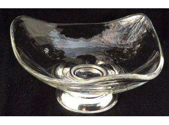 Vintage GLASS TRICORN TRIANGLE BOWL, STERLING SILVER BASE, Candy Dish, Mid Century Modern