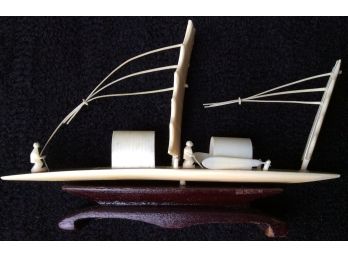 FAUX IVORY, CARVED BOVINE BONE Miniature Asian JAPANESE JUNK Boat, On Wooden Stand, Vintage