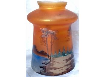 ARTS & CRAFTS LAMP SHADE Lighting, Marigold Orange Carnival Glass Satin Hand Painted Trees & Lake, Iridescent