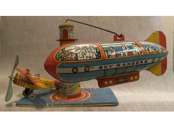 Vintage 1930s Toy Tin Metal Litho Sky Ranger Zeppelin Blimp Wind Up Airplane Unique Art Mfg Co Newark NJ