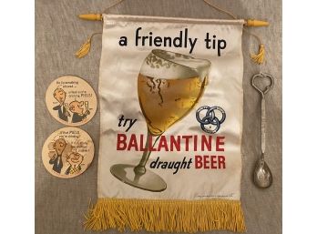 Vintage Beer Lot Ballantine Wall Banner Piels Pub Mat Coaster Sheraton McAlpin Hotel Bottle Opener Spoon