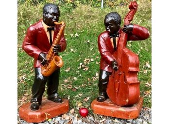 Large 3' Tall PAIR BLACK JAZZ MUSICIAN STATUES, Painted Fiberglass Or Plastic Band Sculptures, Men, Instrument