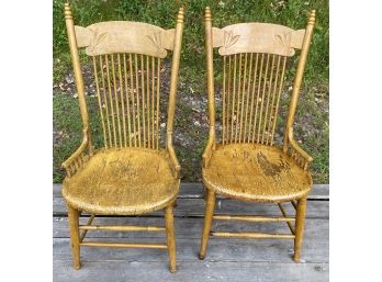 Antique Pair Oak Spindle Back Chairs Old Mustard Coloured Paint