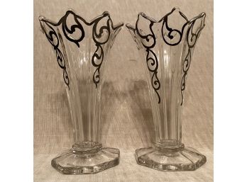 Vintage Pair Of Decorative Glass Vases Silver Overlay Scalloped Edge