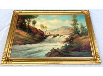 C.C. CRAWFORD WESTERN LANDSCAPE OIL On CANVAS PAINTING Gold Frame, Waterfall River Trees Mountain Vintage Art