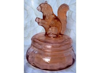 DEPRESSION ERA SQUIRREL FINIAL GLASS POWDER JAR, Pink Glassware Animal Figural Vanity Puff Box, Circa 1930s