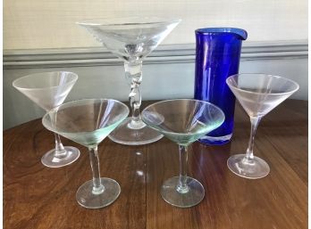 Martini Glasses & Blue Art Glass Cocktail Pitcher