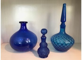 Blue Glass Decanter Trio