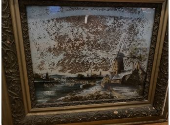 Antique Reverse Painting Of A Windmill