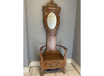 Oak Entryway Hall Tree With Mirror, Hooks, And Bench Storage