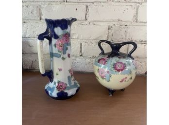 Vintage Hand Painted Nippon Porcelain Pitcher And Vase