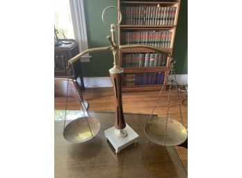 Wood And Brass Scale With Marble Base, 'Scales Of Justice' Style