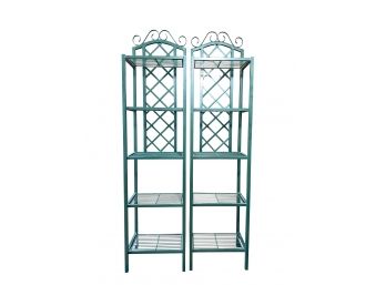 Pair Of Green Metal Enamel Etagere