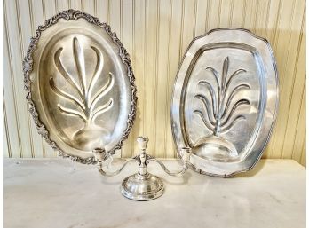 Pair Of Large Silver Plate Serving Trays & 3 Arm Candelabra - 3 Pieces