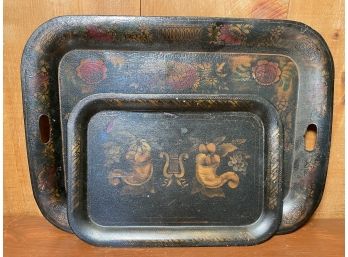 Fabulous Vintage Black Tole Trays - Set Of 2