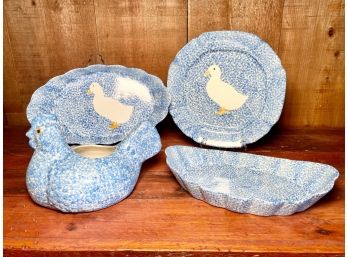 N.S Gustin Co Stipple Spongeware Pottery - 4 Pieces