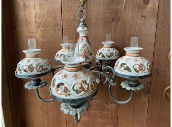 Vintage Five Light Chandelier With Hand Painted Porcelain Shades