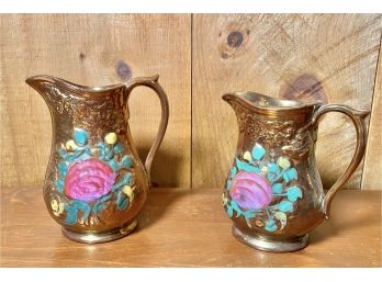 19th Century English Pottery Copper Luster Floral Pitcher - Set Of 2