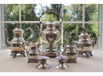 Five Piece Silver On Copper Tea Sets With Two Weighted Sterling Candlestick Holders