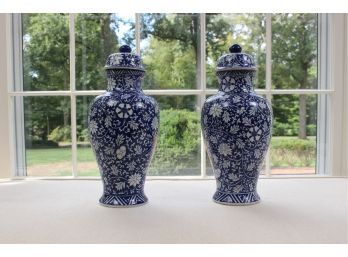 Pair Of Blue Hand-Painted Authentic Chinese Urns