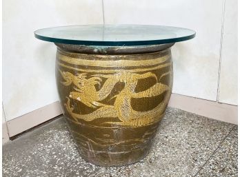 A Large Glazed Earthenware Planter With Glass Top (Table Or Planter!? - 2 Of 2)