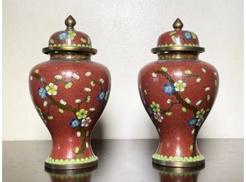 A Pair Of Vintage Cloisonne Vases In Ginger Jar Form