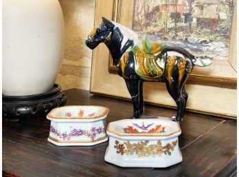 A Chinese Ceramic Horse And Pair Of Mottahedeh Salt Cellars From The Nelson Rockefeller Collection