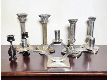 Polished Alloy Candlesticks And An Art Deco Candelabra